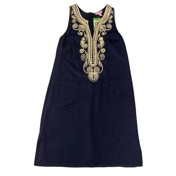 NWT Lilly Pulitzer Carlotta Shift Dress Womens 4 Navy Gold Embroidered Stretch - Picture 9 of 9